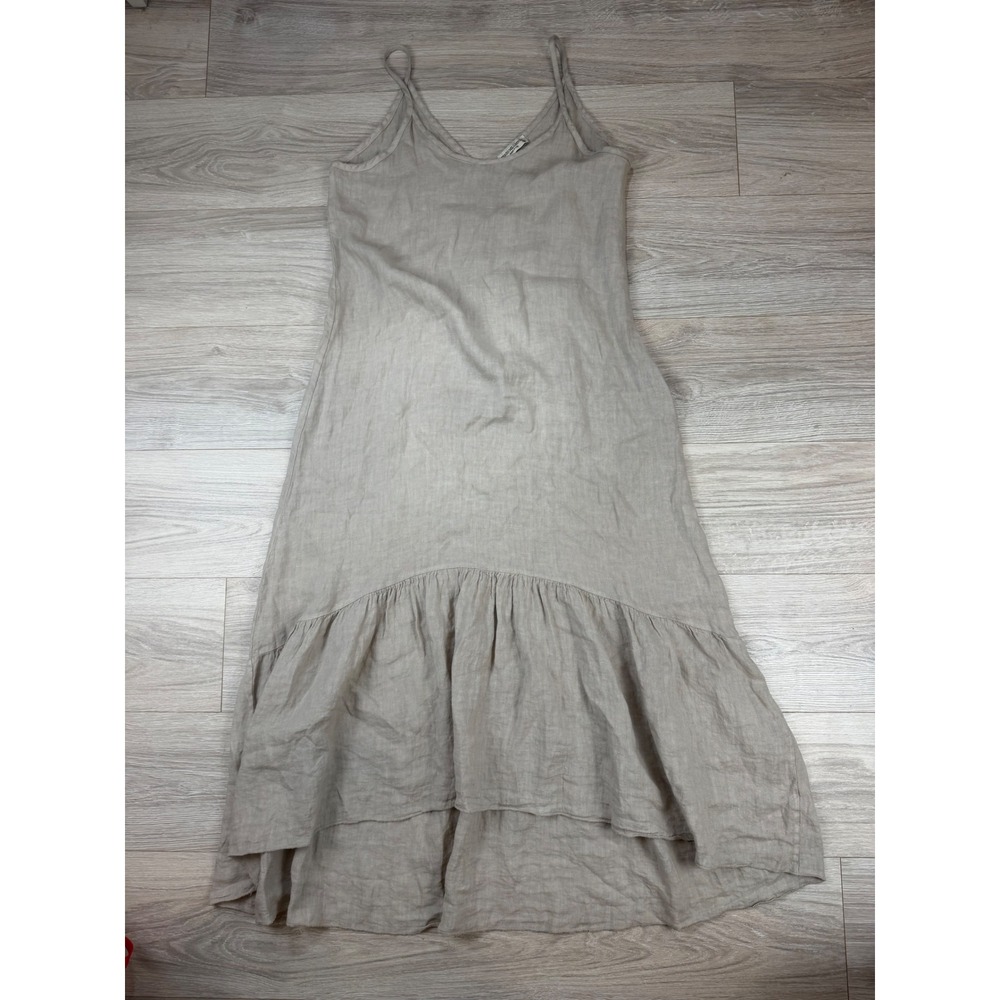 Terzo Millennio Italy Linen Midi Dress Taupe Beige‎ Ruffle Hem V-Neck Medium
